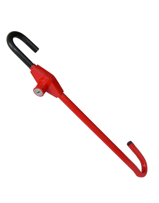 Product Image – The Club® Pedal to Wheel Lock, red with a hook on either end and lock in middle