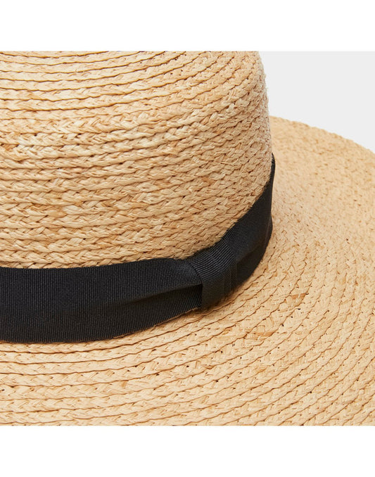 Product Image – Close up of thick black fabric band around base of crown on the Tilley Raffia Wide Brimmed Hat