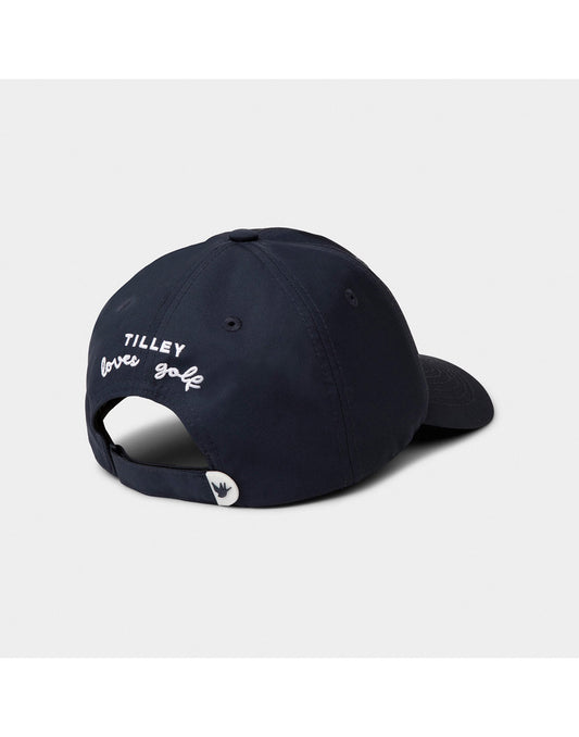 Product Image – Tilley T Golf Cap in dark navy back angled view with white stitched words on back that says Tilley loves golf