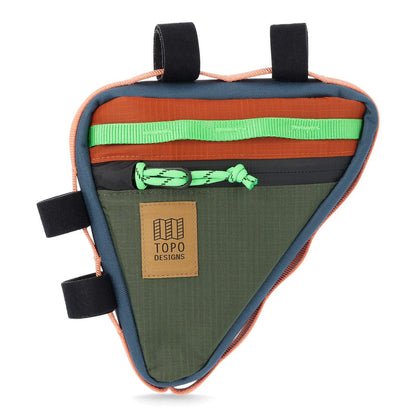 Topo Designs Bike Frame Bag in olive and clay with light green daisy chain strip along top of triangular shaped bag, light green zipper pull, khaki rectangular logo patch, light pink daisy chain webbing surrounding entire bag sides, and four black Velcro loops for attachment to bike