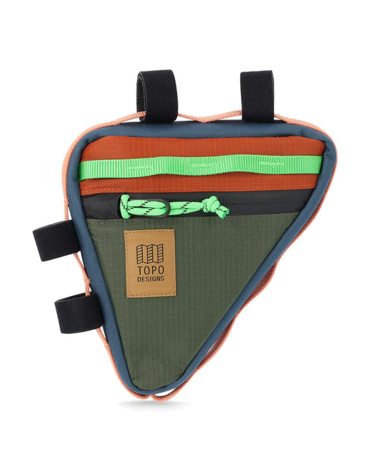 Product Image – Topo Designs Bike Frame Bag in olive and clay with light green daisy chain strip along top of triangular shaped bag, light green zipper pull, khaki rectangular logo patch, light pink daisy chain webbing surrounding entire bag sides, and four black Velcro loops for attachment to bike