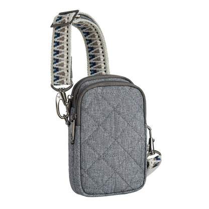 Travelon Boho Anti-Theft 2 Compartment Phone Crossbody in grey, front angled view