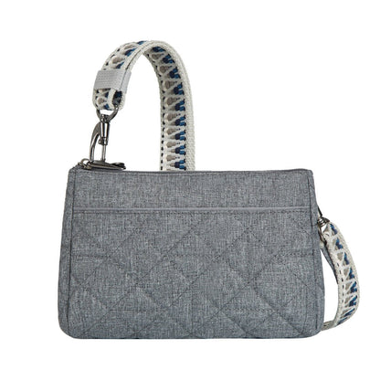 Front view of the Travelon Boho Anti-Theft Clutch Crossbody in Grey.