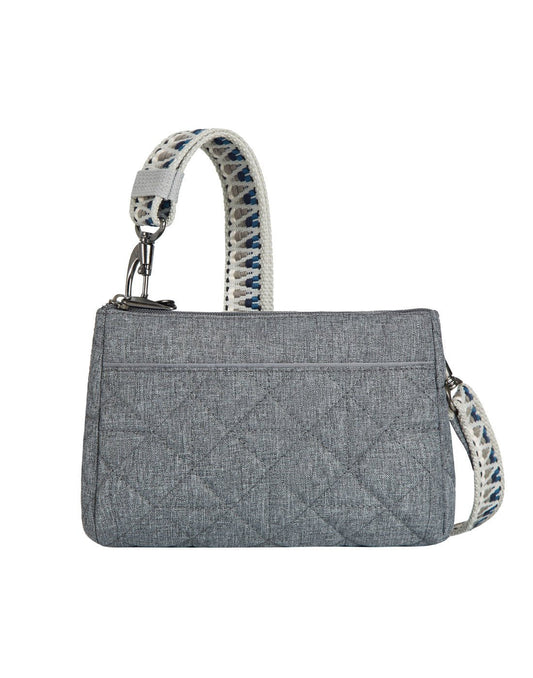 Product Image – Front view of the Travelon Boho Anti-Theft Clutch Crossbody in Grey.