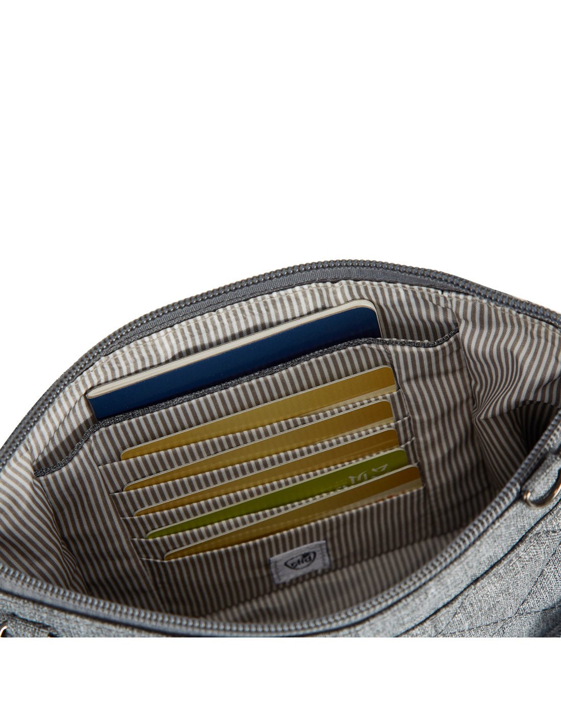 Interior view of the Travelon Boho Anti-Theft Clutch Crossbody in Grey showing the RFID blocking organizer.