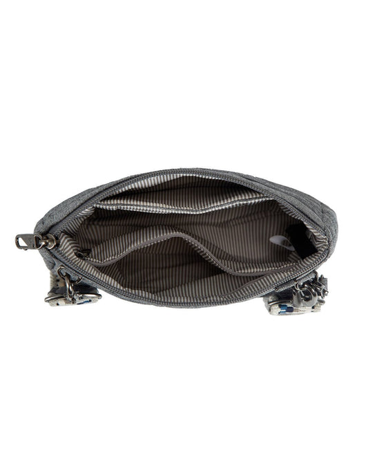 Product Image – Interior view of the Travelon Boho Anti-Theft Clutch Crossbody in Grey showing the interior pockets. 