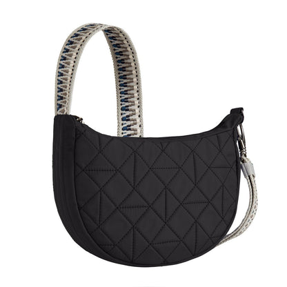 Travelon Boho Anti-Theft Crescent Crossbody in black with tan, black and blue guitar strap style crossbody strap, front angled view