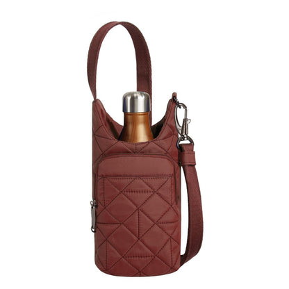 Travelon Boho Anti-Theft Insulated Water Bottle Tote in paprika redish brown colour, front view with copper water bottle inside