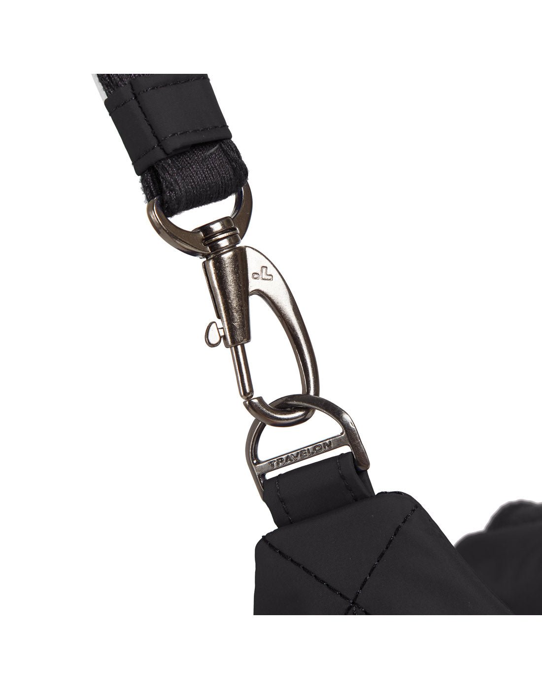 Close up of detachable silver metal hook on black crossbody strap