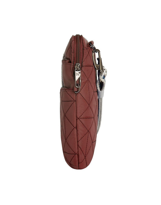 Product Image – Side view of the Travelon Boho Anti-Theft Slim Crossbody in Paprika showing the  exterior security zipper and strap.