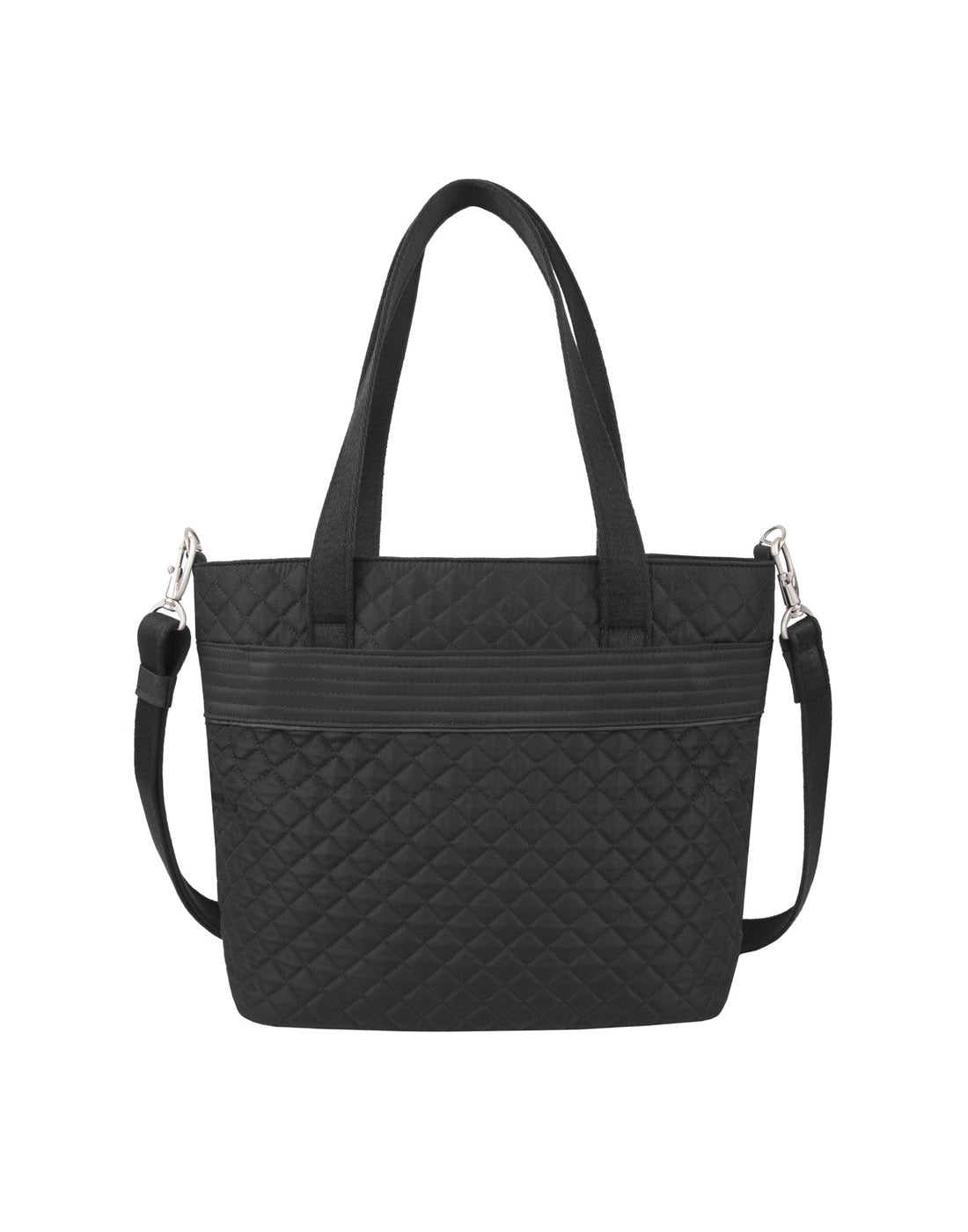 Front of the Travelon Boho Anti-Theft Tote in Black, showing the carry handles and detachable shoulder strap.