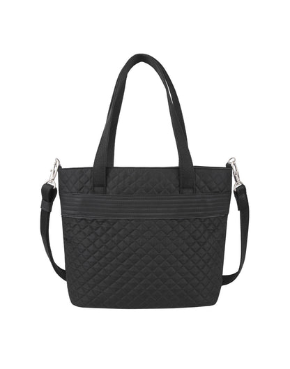 Front of the Travelon Boho Anti-Theft Tote in Black, showing the carry handles and detachable shoulder strap.