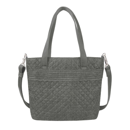 Front of the Travelon Boho Anti-Theft Tote in Grey Heather, showing the carry handles and detachable shoulder strap.