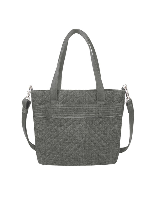 Product Image – Front of the Travelon Boho Anti-Theft Tote in Grey Heather, showing the carry handles and detachable shoulder strap.