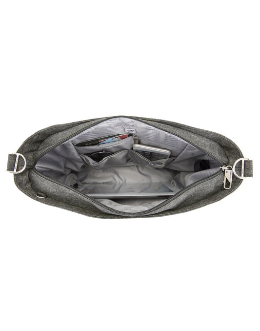 Product Image – Top view of the Travelon Boho Anti-Theft Tote in Grey Heather showing inside of the interior compartment.