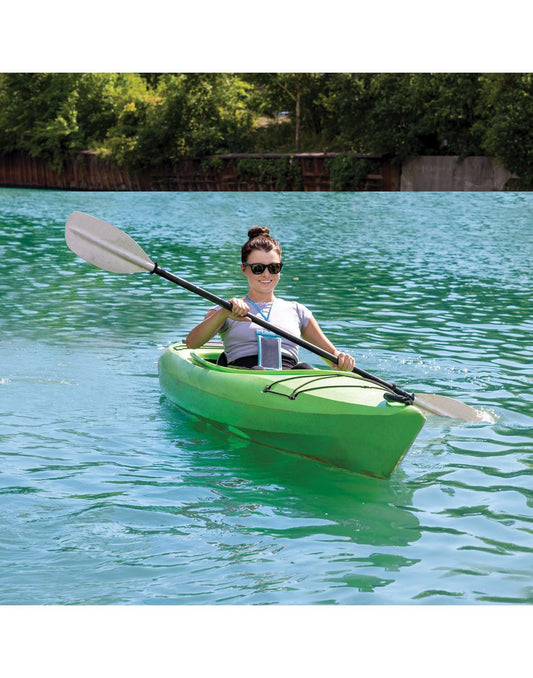 Product Image – Lifestyle image of women kayaking while wearing blue Travelon itFLOATS!® Waterproof Pouch.