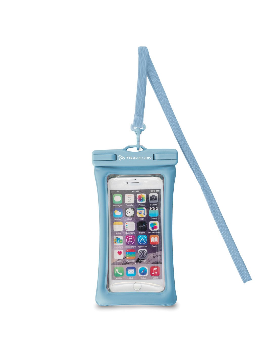 Travelon itFLOATS!® Waterproof Pouch in blue, close-up front view.