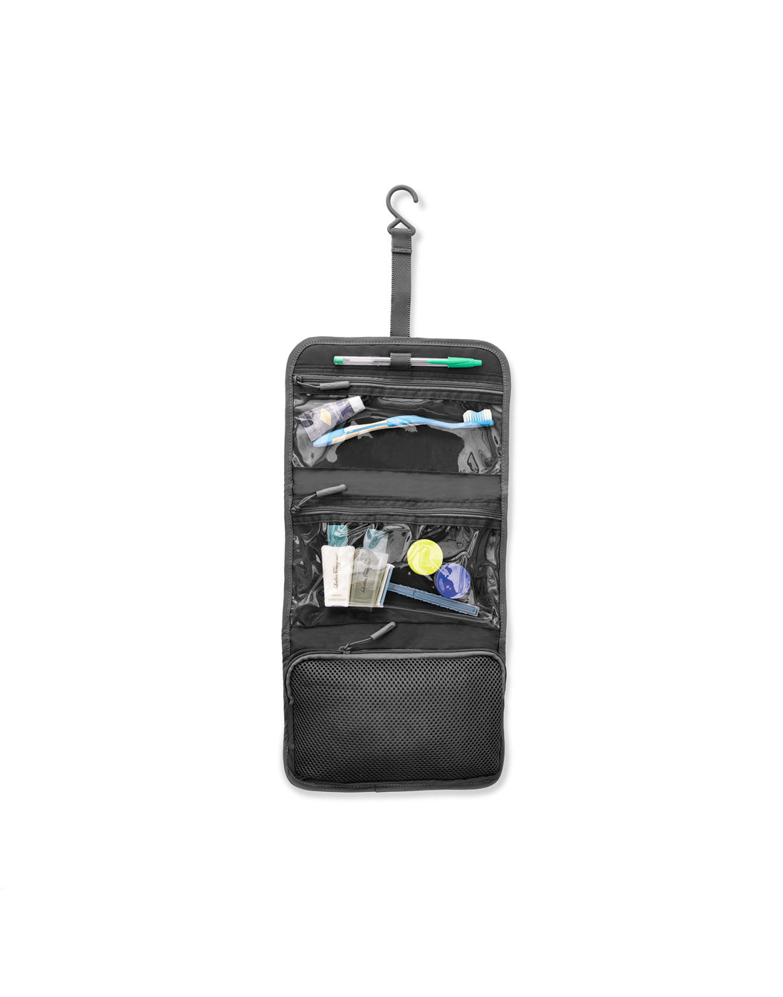 Front view of unfolded Travelon Pi Shine on Toiletry Case in black, compartments filled with personal items. 