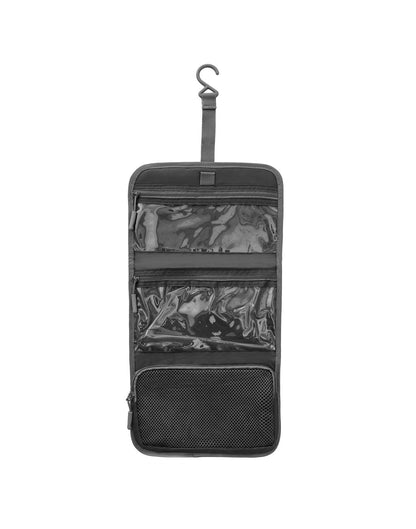 Front view of black Travelon Pi Shine on Toiletry Case, unfolded to show 3 roomy zippered compartments.