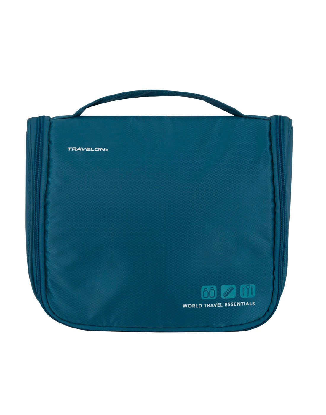 Travelon World Travel Essentials Toiletry Bag in peacock teal, front view.