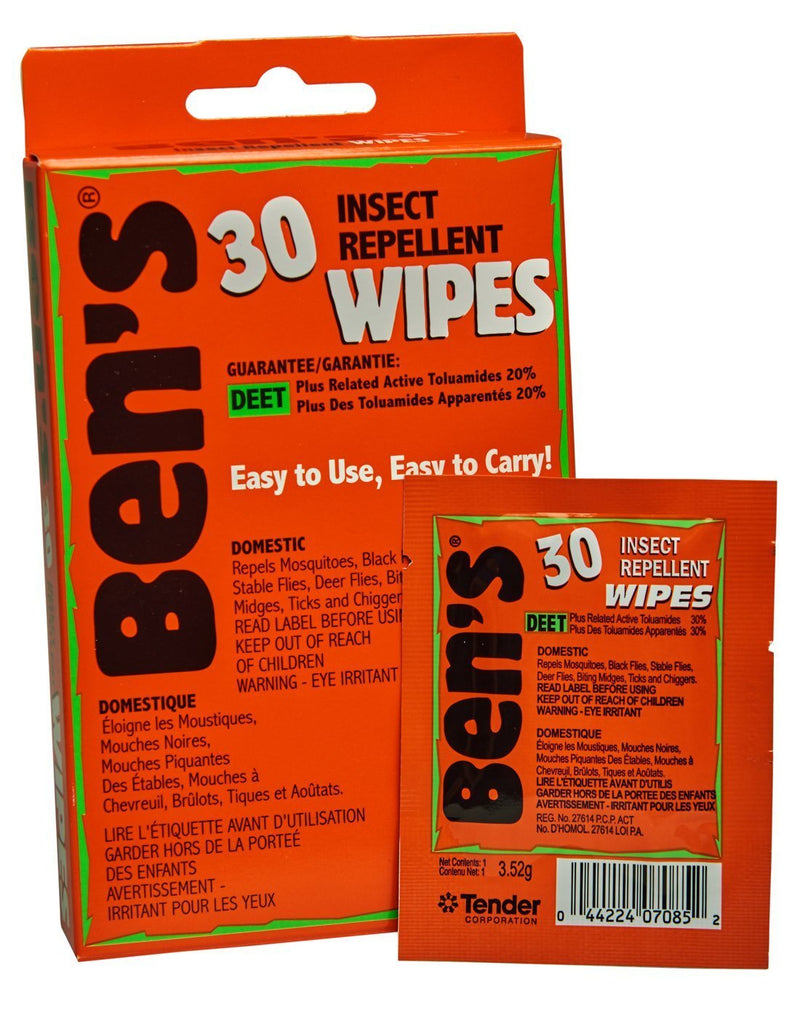 Ben's 30 tick & insect repellent wipes packaged front view