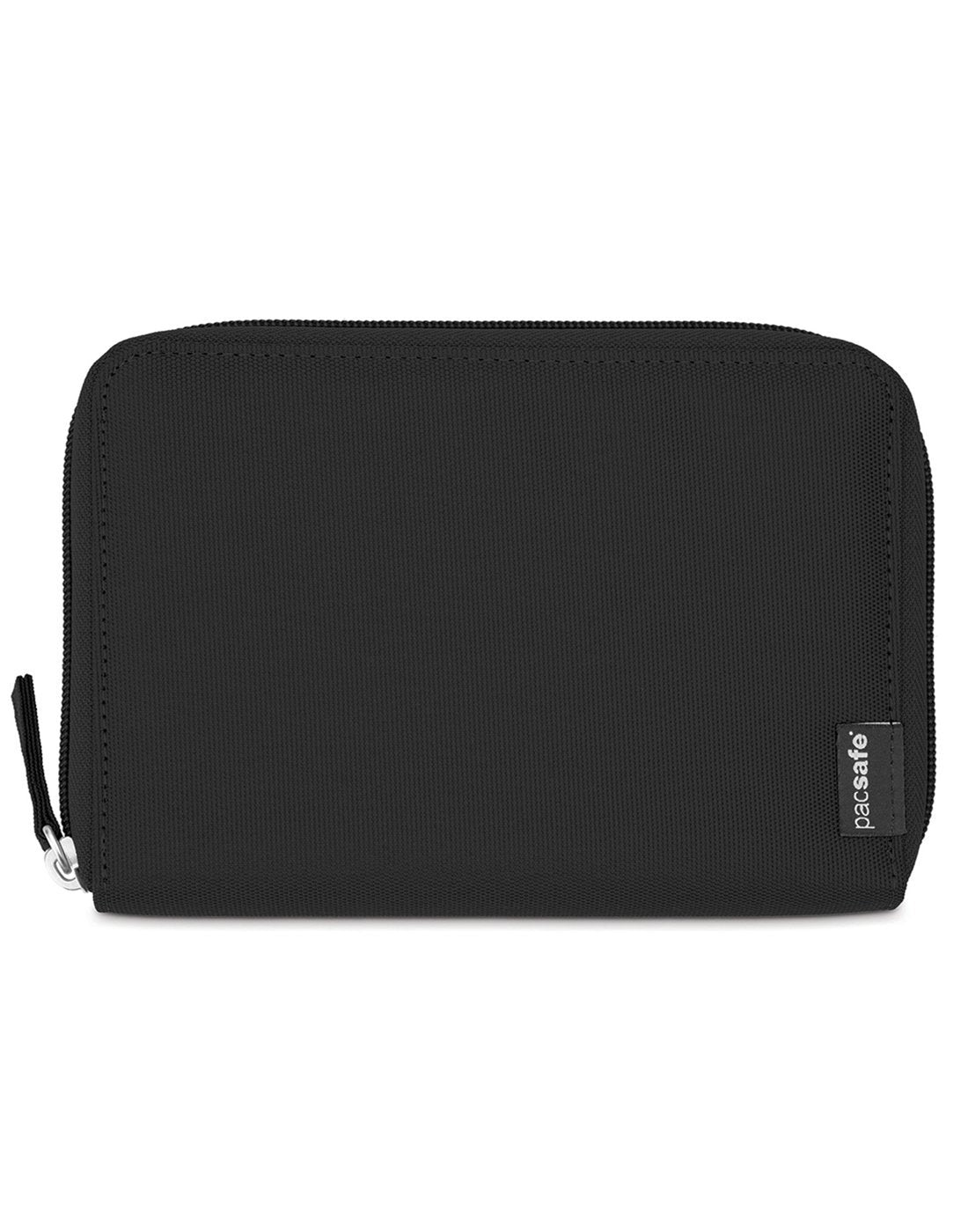 Pacsafe lx150 rfid blocking zippered black colour passport wallet front view