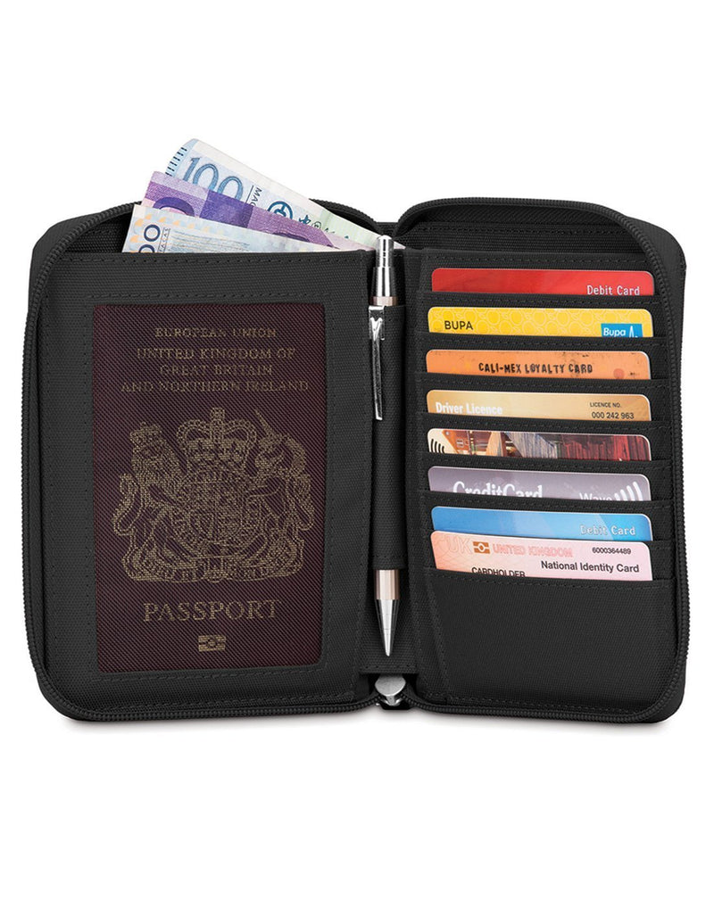 Pacsafe lx150 rfid blocking zippered black colour passport wallet interior view