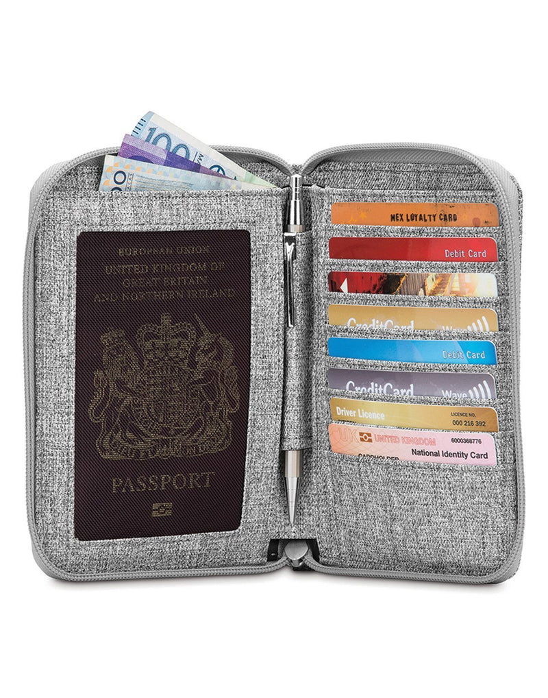 Pacsafe lx150 rfid blocking zippered grey colour passport wallet interior view