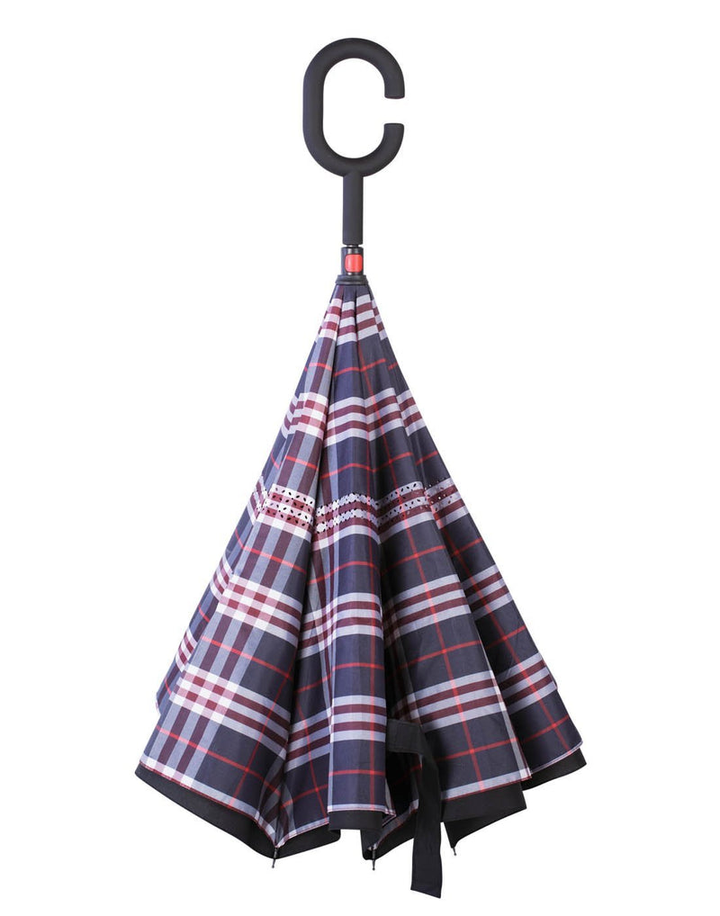 Belami by knirps reversible plaid design umbrella closed front view