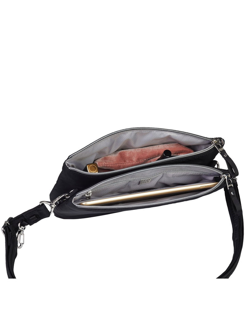 Pacsafe stylesafe anti-theft double zip black colour crossbody bag interior view
