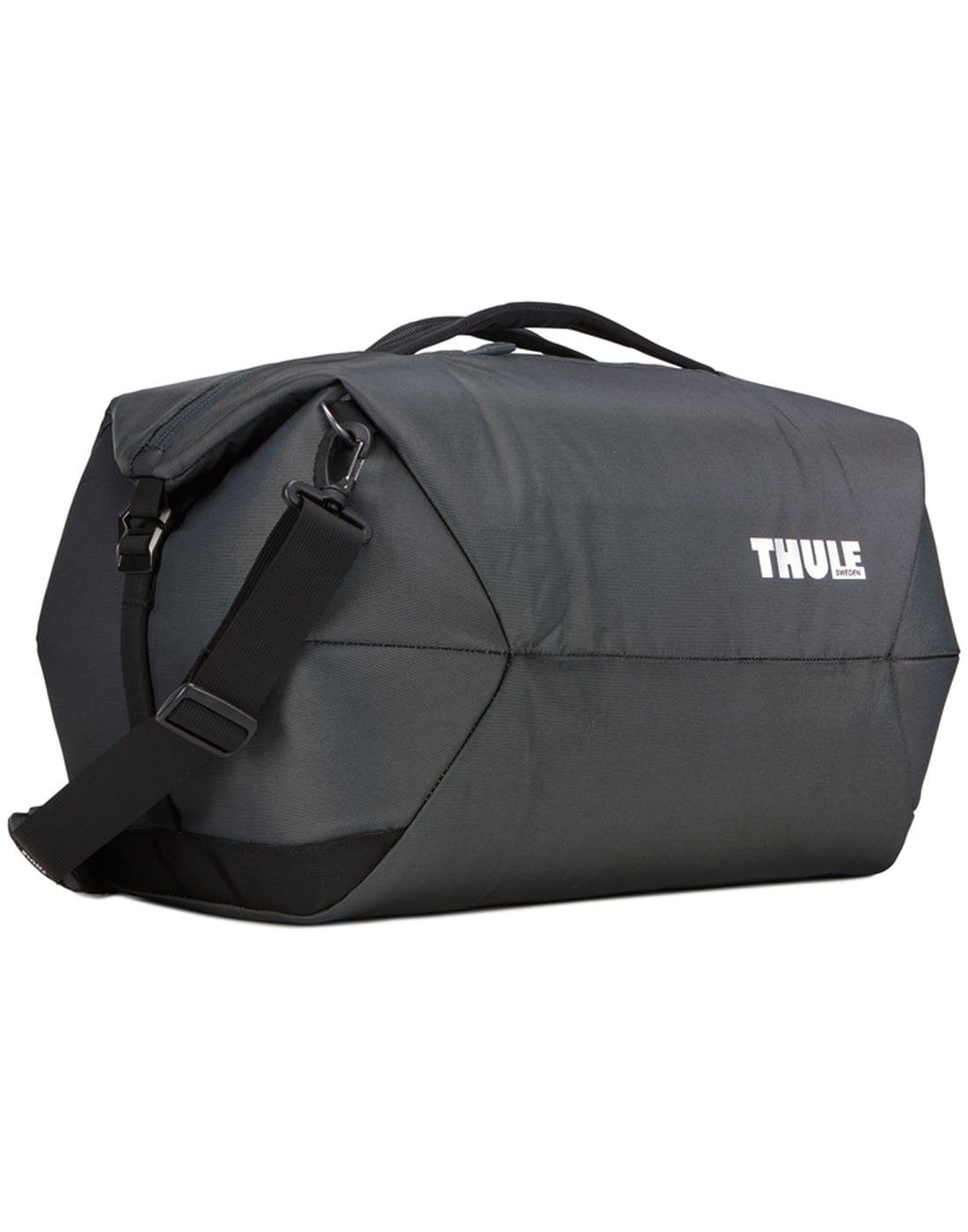 Thule subterra 45L dark shadow colour duffel bag corner view