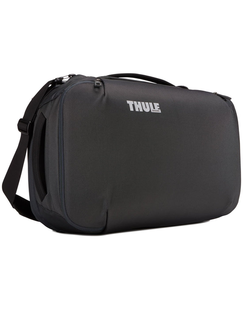 Thule subterra carry-on 40L dark shadow colour bag using as shoulder bag hero shot
