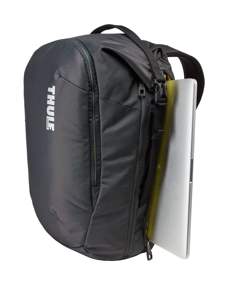 Thule subterra 34L dark shadow colour travel backpack side zipper pocket