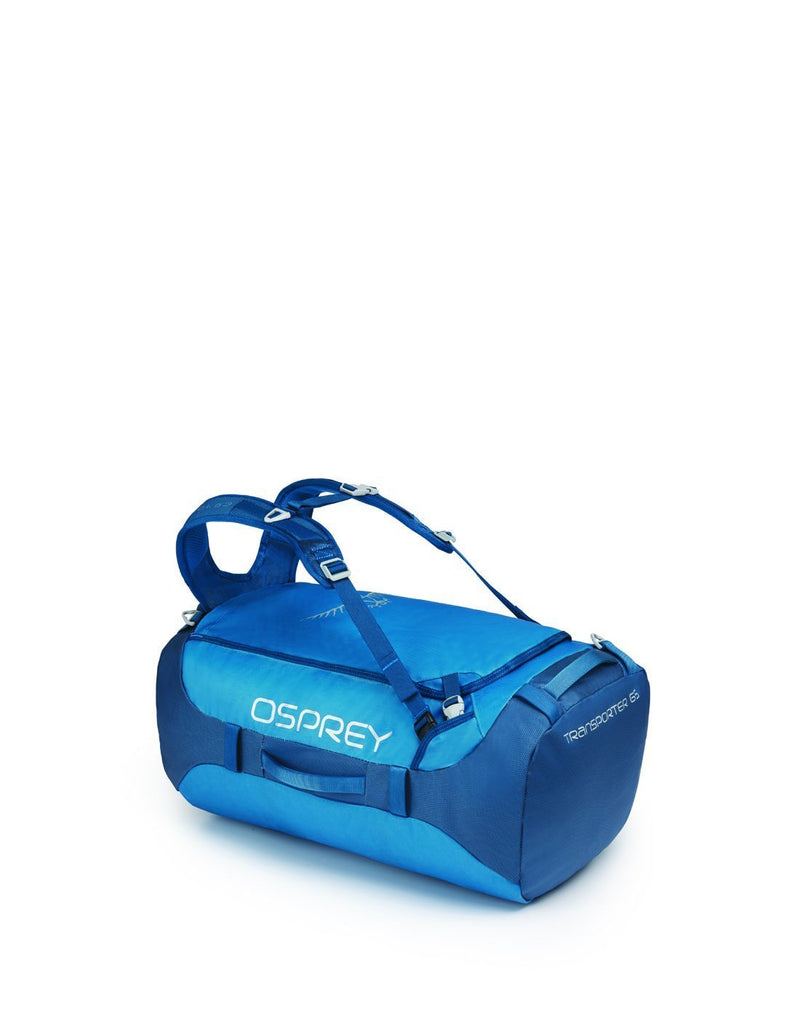 Osprey transporter 65 expedition kingfisher blue colour duffle bag left side view