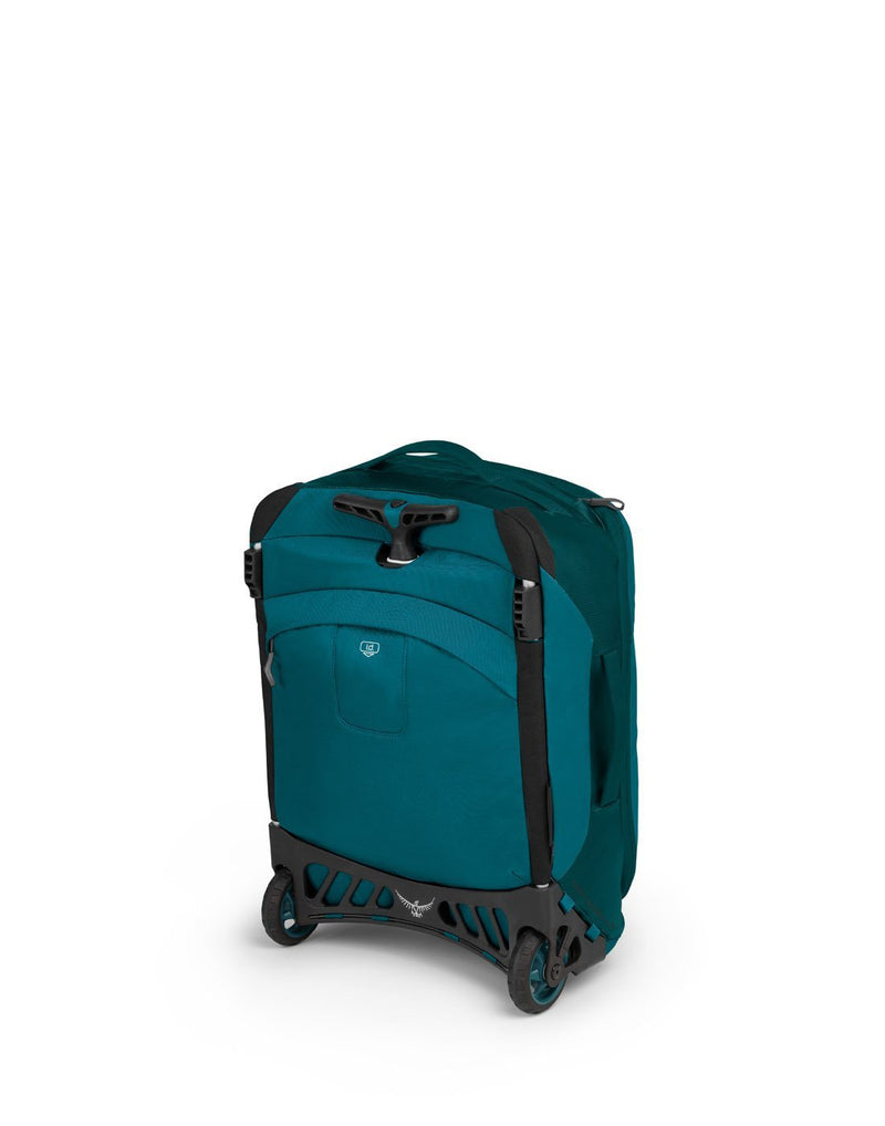 Osprey transporter wheeled global teal colour luggage bag sideback view