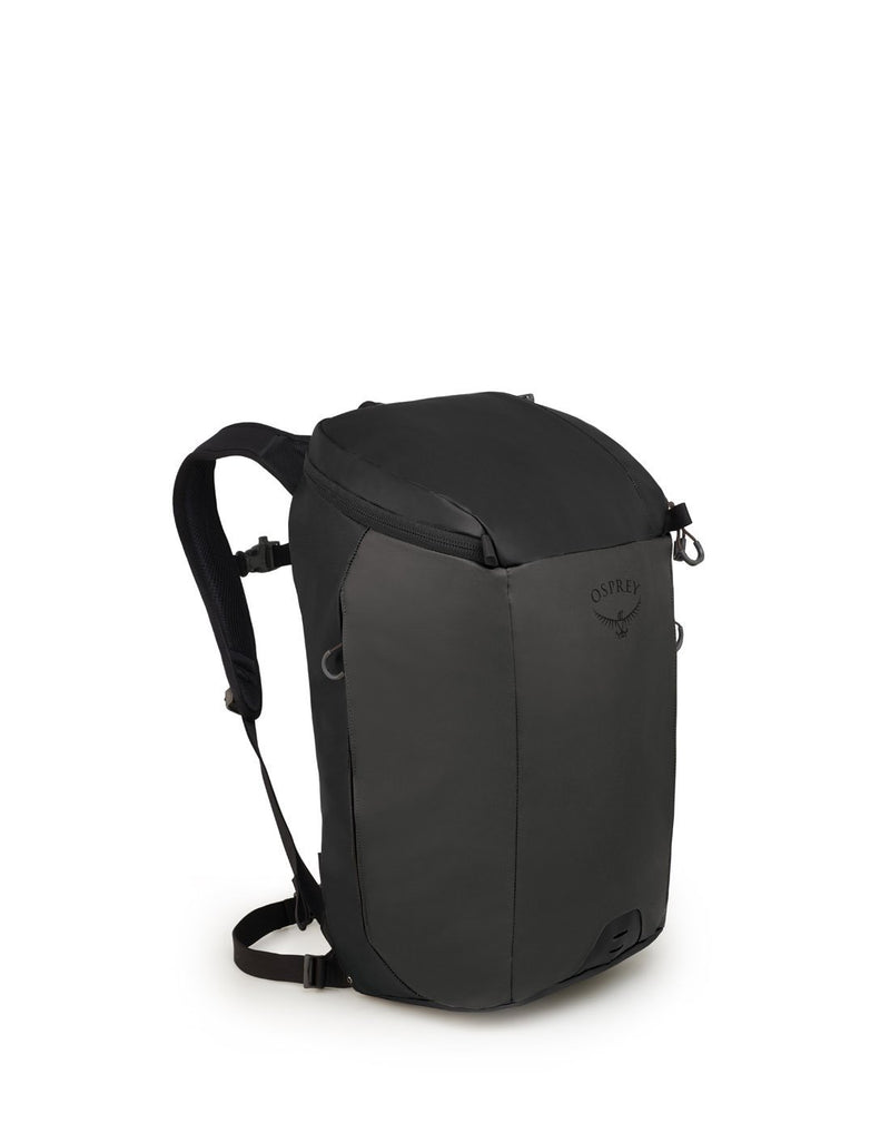Osprey transporter zip top black colour backpack corner view