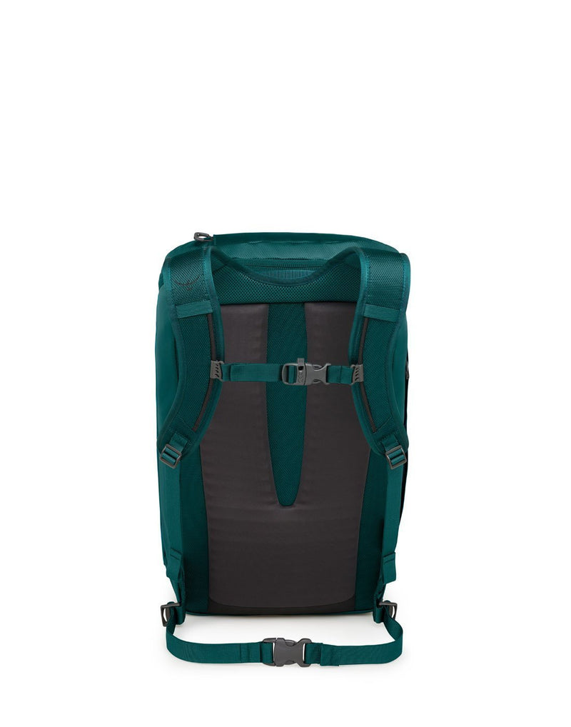 Osprey transporter zip top teal colour backpack back view