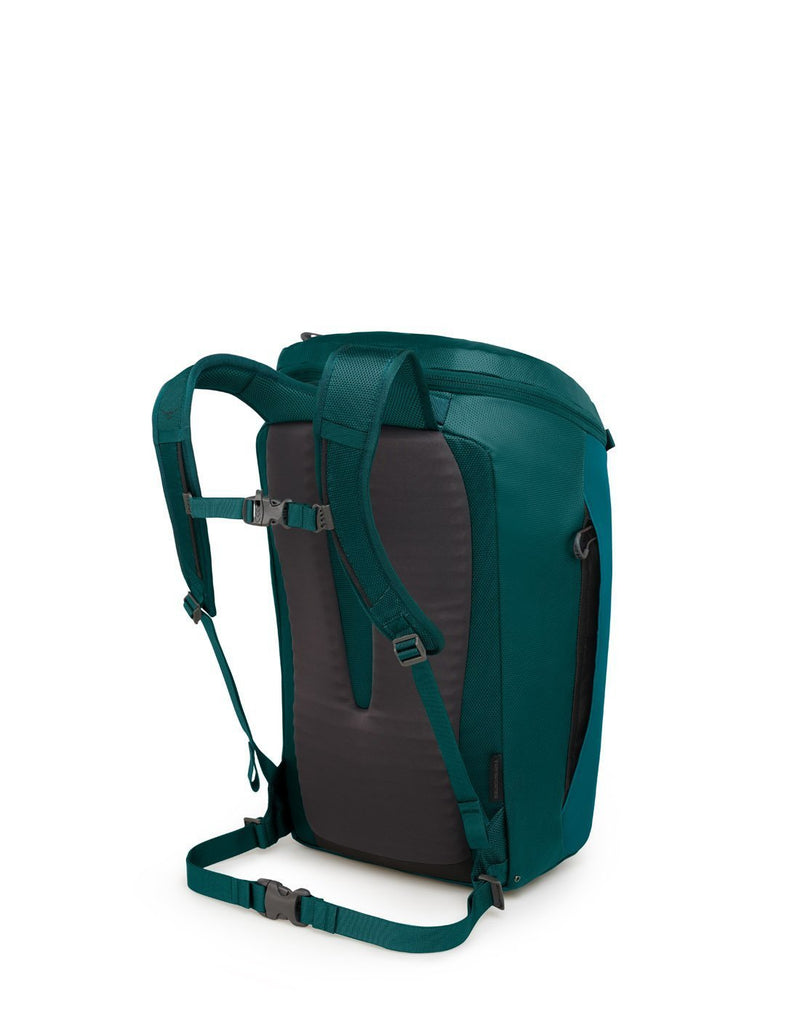 Osprey transporter zip top teal colour backpack sideback view