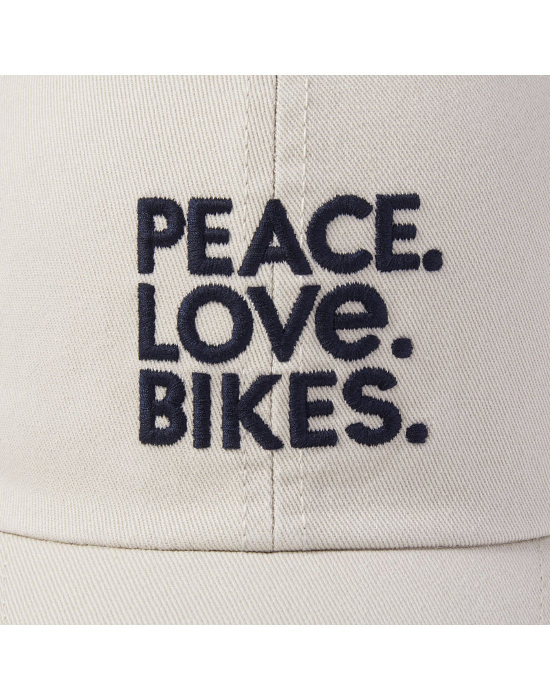 Life is good peace love bikes chill cap front close-up view