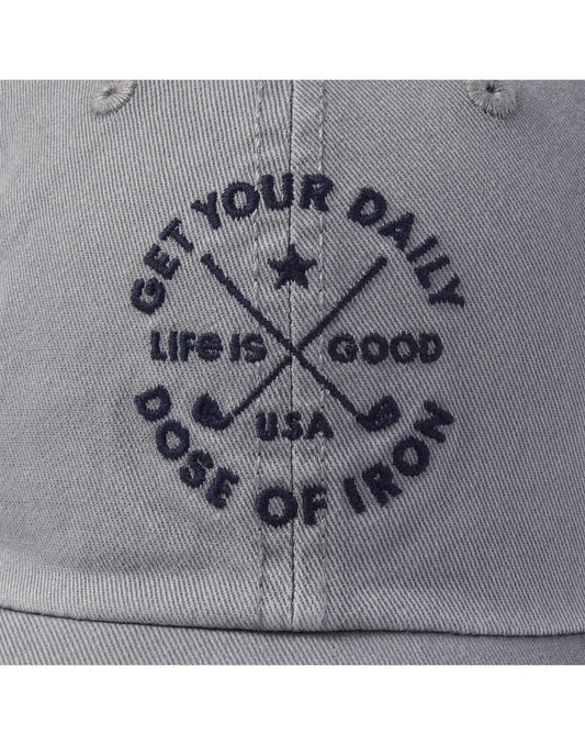 Product Image – Life is good daily dose of iron chill slate grey colour cap brand close-up view