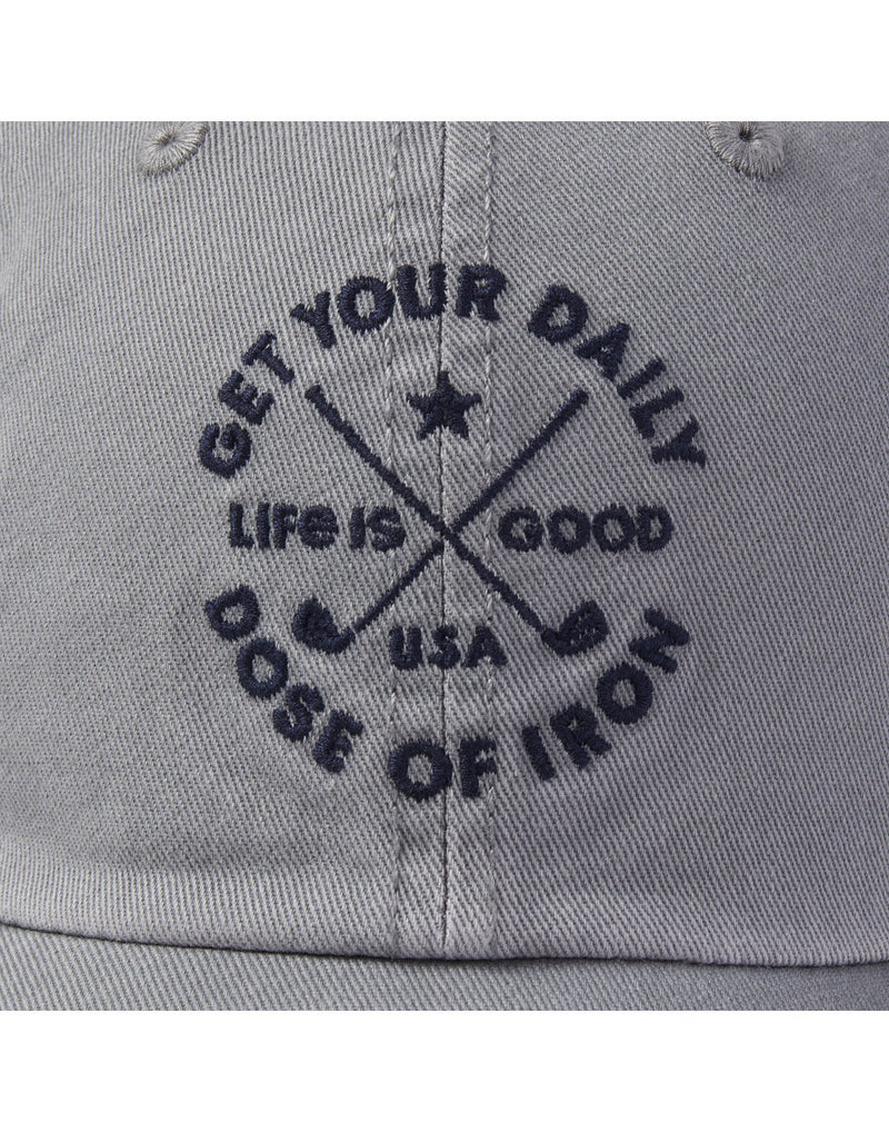 Life is good daily dose of iron chill slate grey colour cap brand close-up view