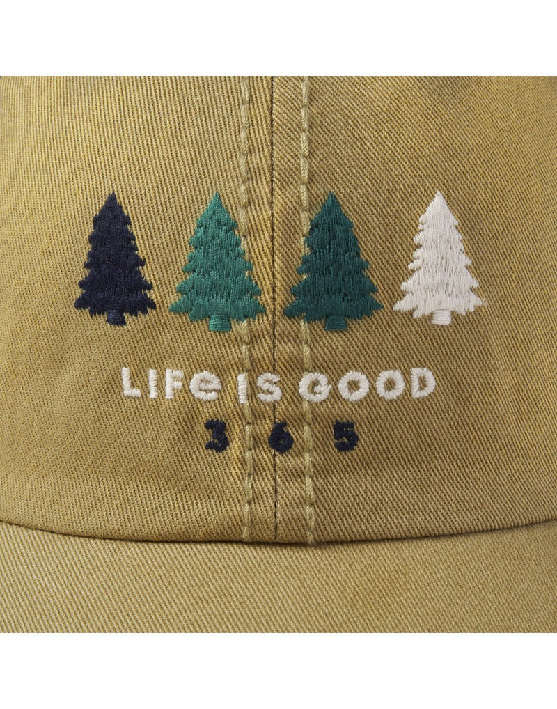 Life is good 365 trees sunwashed chill fatigue green colour cap brand close-up view