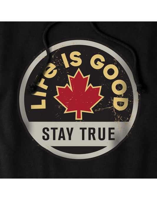 Product Image – Life is good men's canada stay true black colour hoodie brand close-up view