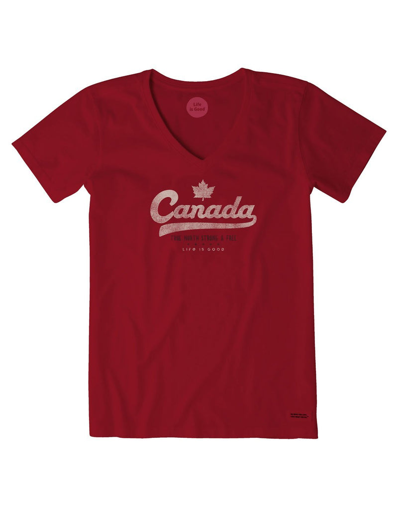 Life is good women's canada crusher red colour vee front view