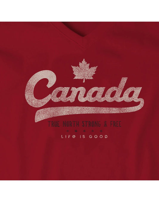 Product Image – Life is good women's canada crusher red colour vee print close-up view