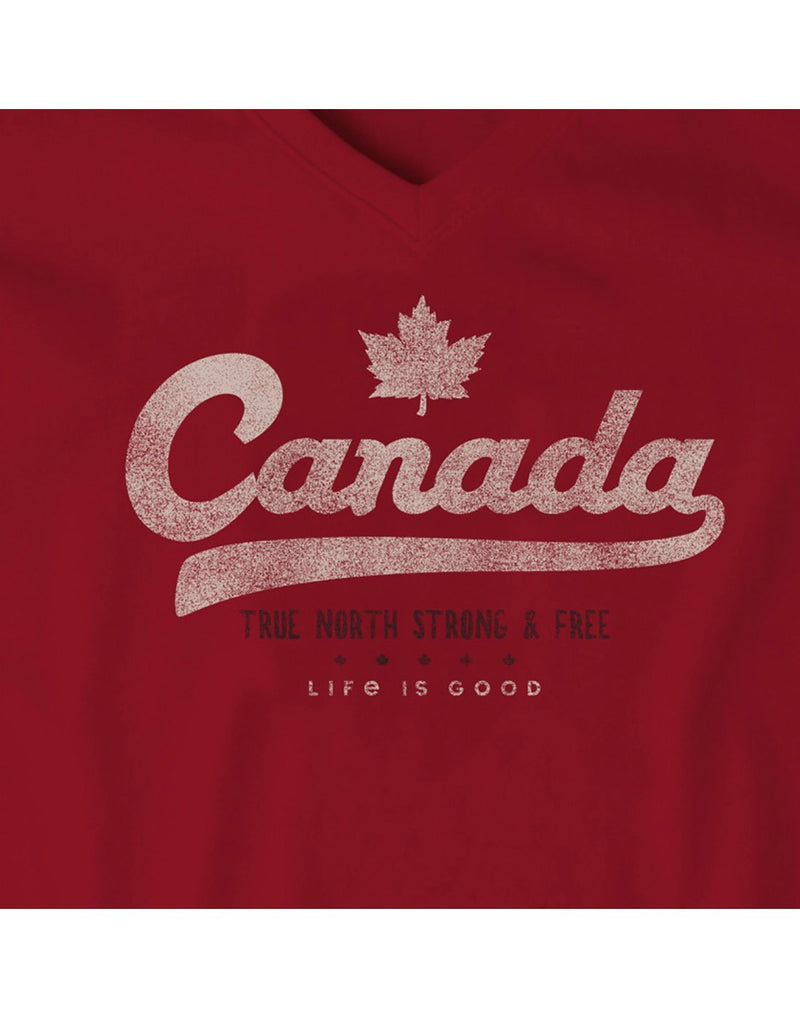 Life is good women's canada crusher red colour vee print close-up view