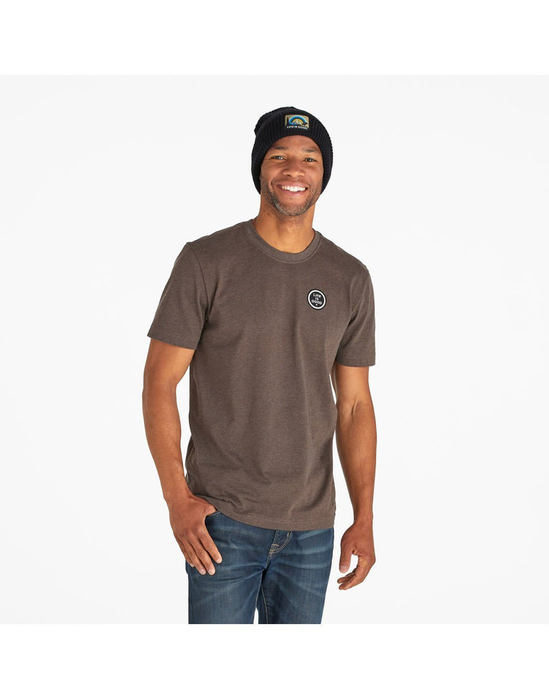 Men wearing life is good men's highlight real crusher tee front view