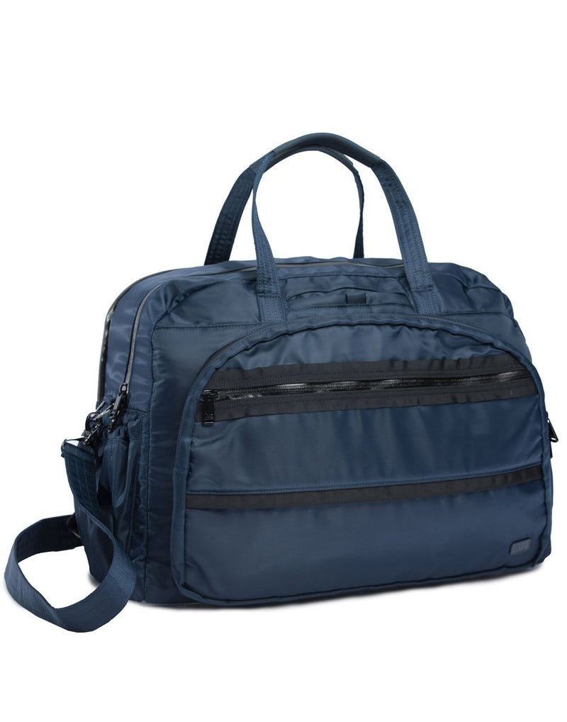 Lug steamboat contemporary navy colour duffle bag corner view with strap