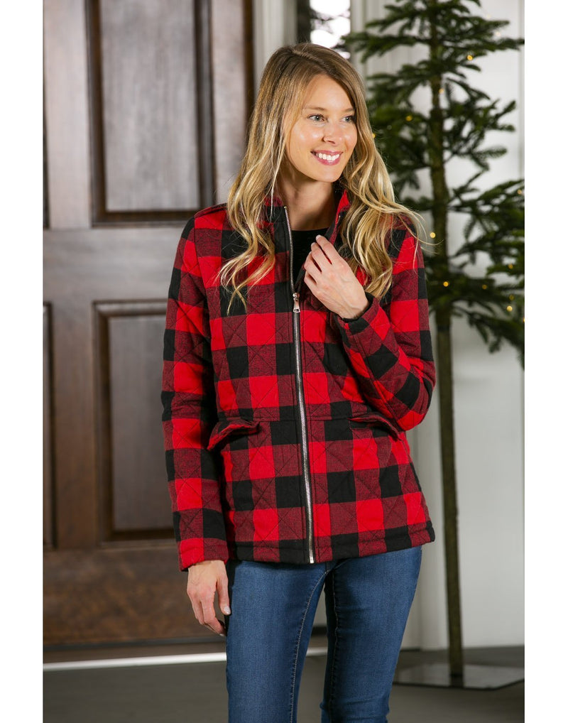 Women wearing b. boutique quilted fleece plaid jacket front view