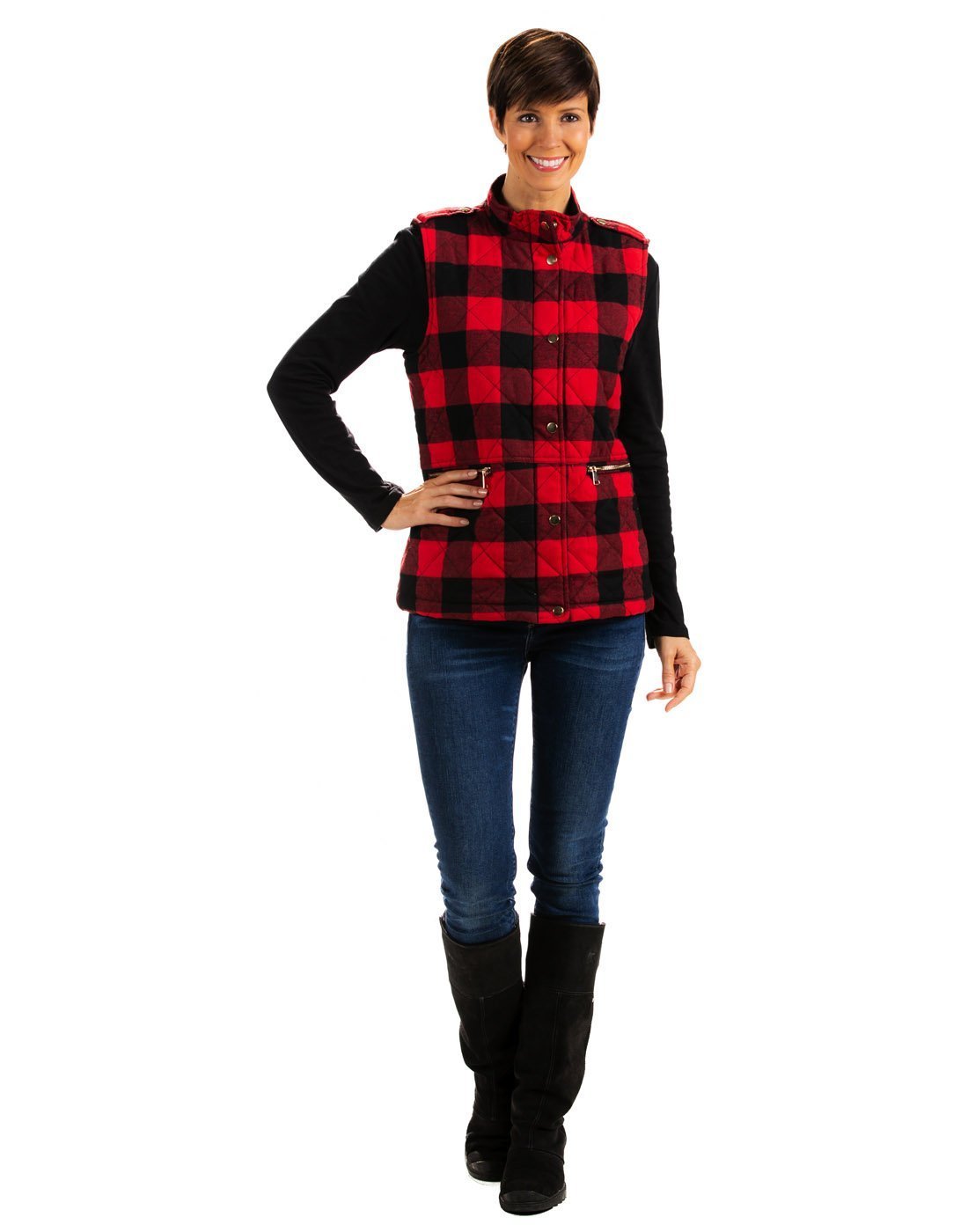 Women wearing b. boutique quilted fleece plaid vest front view